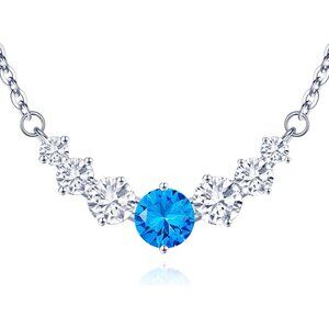 Women's Moissanite Birthstone Pendant Sterling Silver Gold Plating Blue Necklace